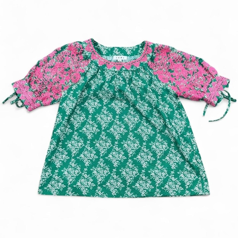 Thml size xs Green and pink floral patterned cotton top